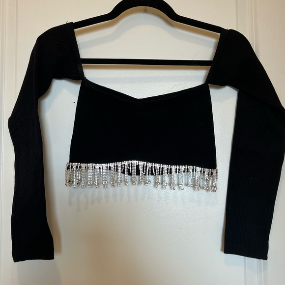 ZARA Off The Shoulder Black Rhinestone Seamless Crop Top Long Sleeve Size S!! - Picture 16 of 16